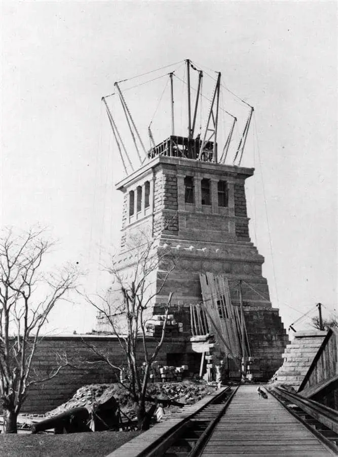 This 1886 photo shows the construction of the pedestal for the Statue of Liberty. The stone-built structure was designed by Richard Morris Hunt. 