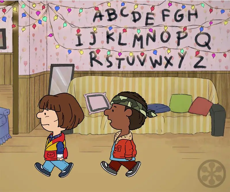 Recreated scene from Stranger Things in Schultz' Peanuts style animation