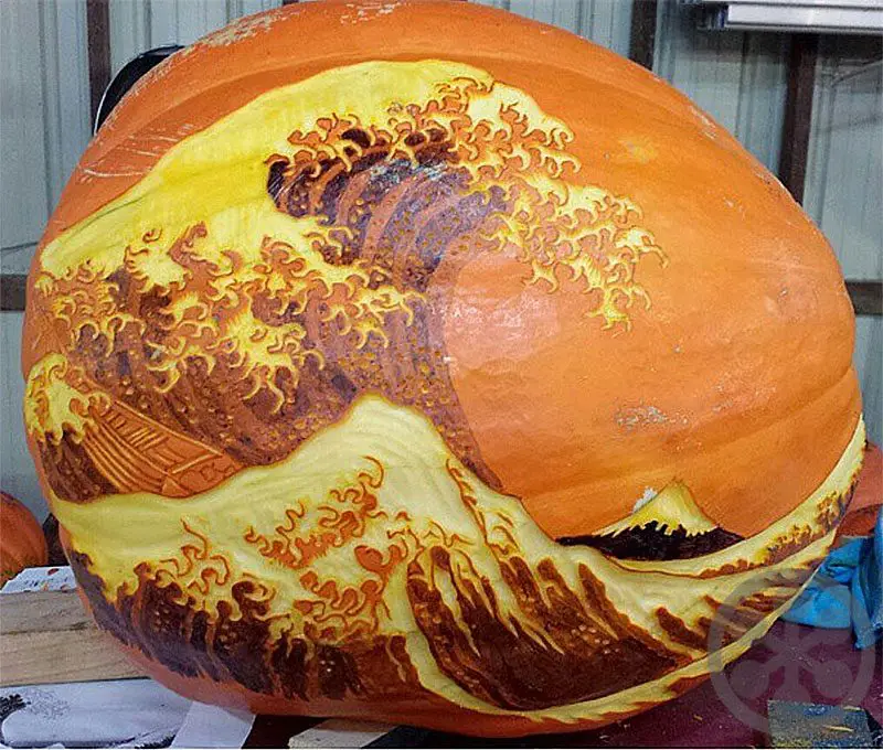Hokusai's The Great Wave pumpkin carving by Edward Cabral