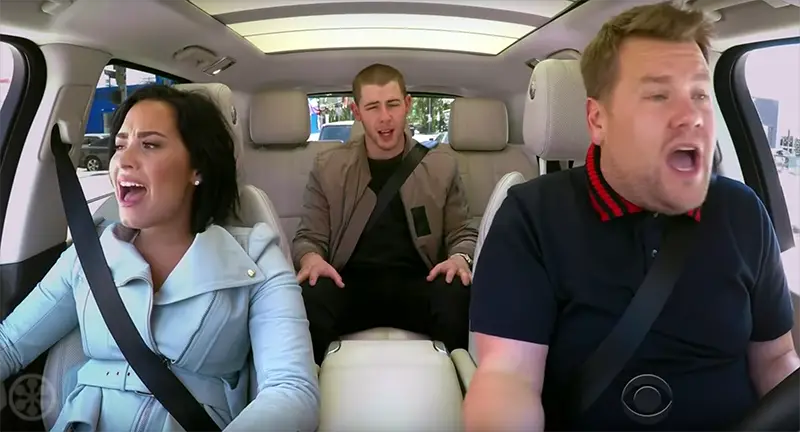 James Corden with Demi Lovato and Nick Jonas