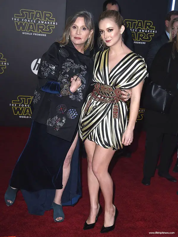Fisher with daughter Billie Lourd at the Star Wars: The Force Awakens premeire