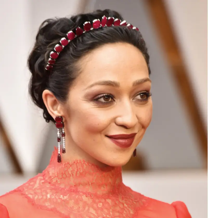 Ruth Negga in ruby tiara and ruby and diamond earrings