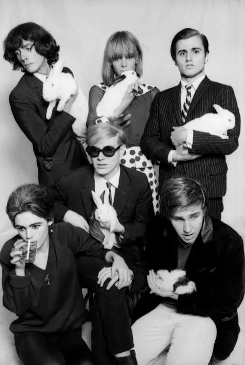 Anita Pallenberg, Gerard Malanga, Andy Warhol, Chuck Wein, Edie Sedgwick holding bunnies