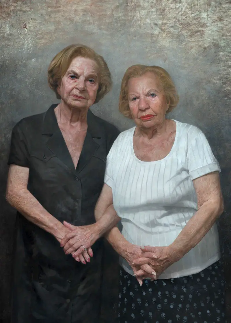 painting of Holocaust survivors Rosyln and Bella 