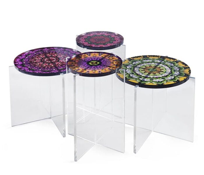 acrylic tables with photos of flower mandalas
