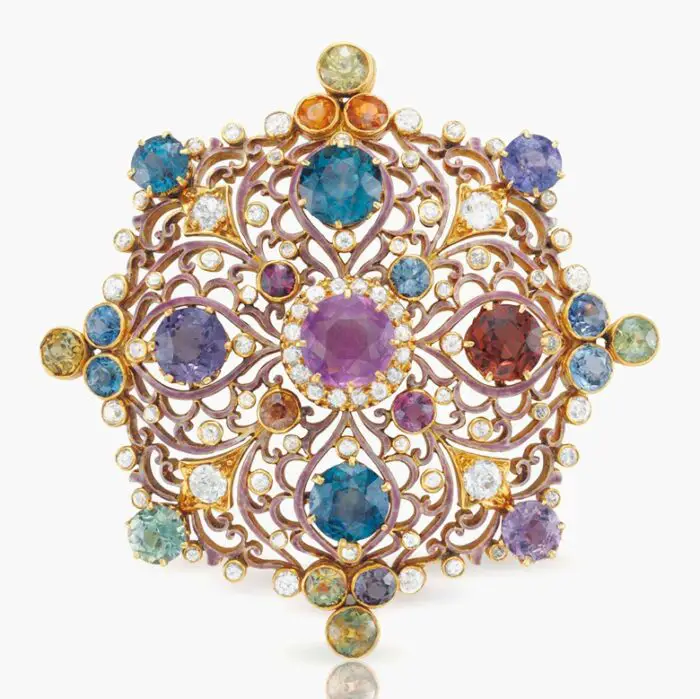 Renaissance Revival multi-colored sapphire and enamel brooch by Louis Comfort Tiffany