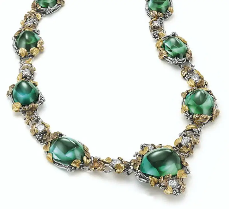 Louis Comfort Tiffany green tourmaline, diamond and gold necklace