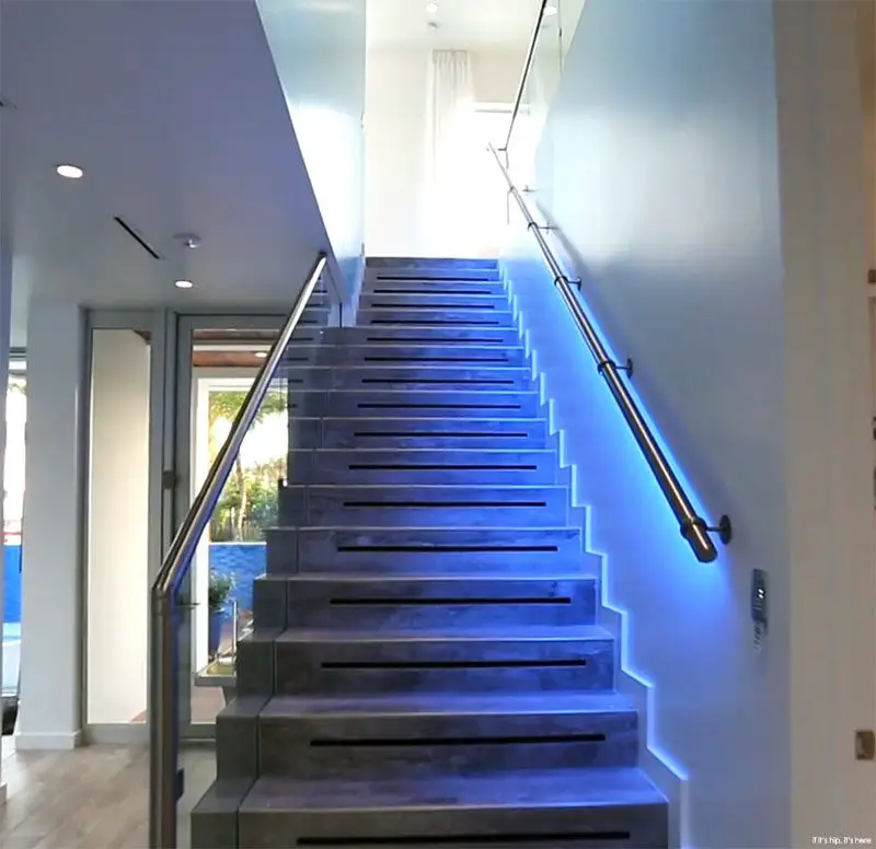 blue illuminated stairs