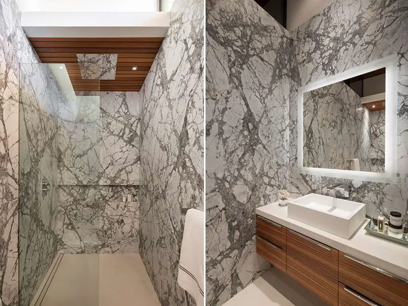bathroom with marbled leather wallpaper