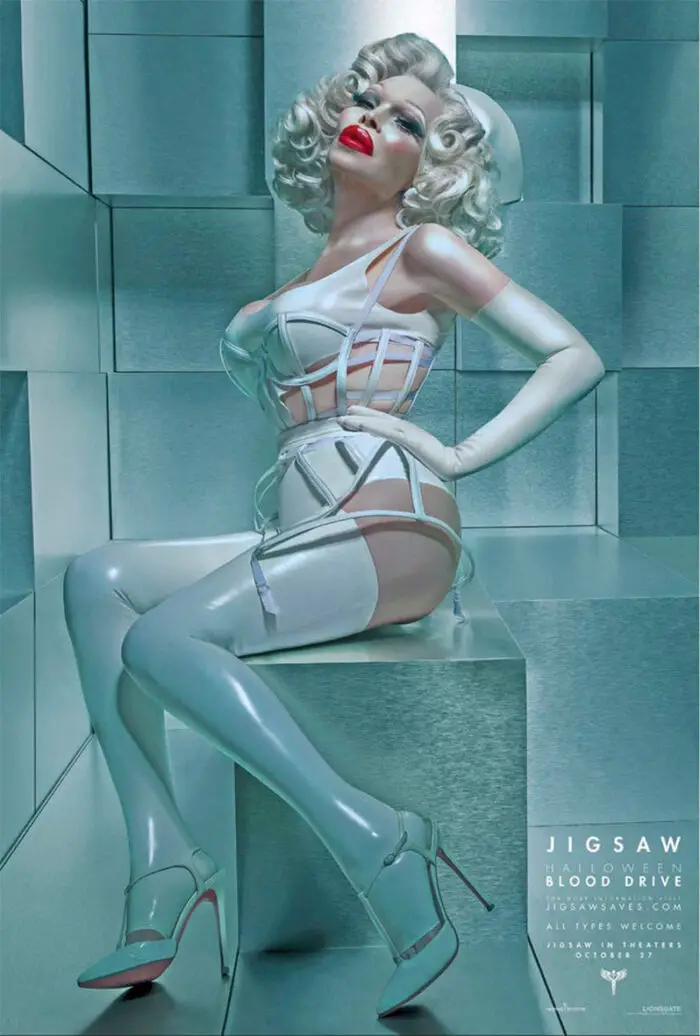 Amanda Lepore in one of the Jigsaw Halloween Blood Drive posters