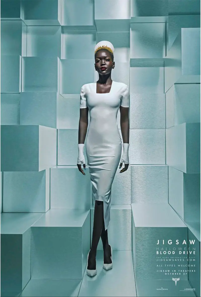 Nyakim Gatwech in one of the Jigsaw Halloween Blood Drive posters