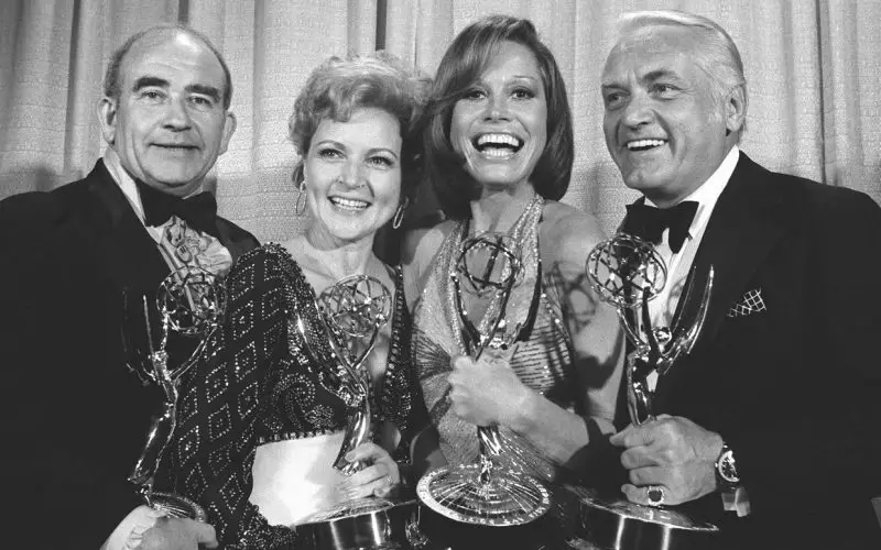 Ed Asner, Betty White, Mary Tyler Moore and Ted Knight at the 1973 Emmys