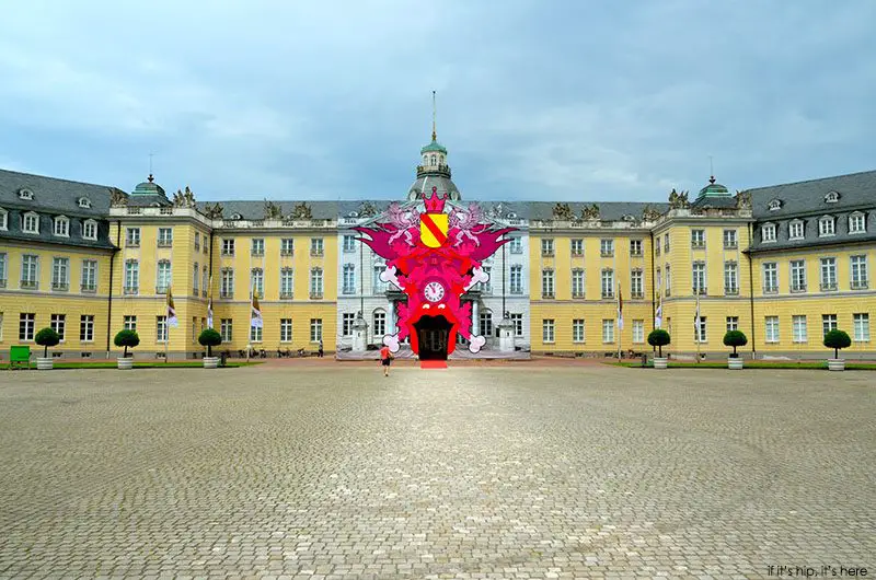 Strumbel's 18m tall Cuckoo Clock installation on the entrance of Germany's Museum in Karlsruhe, 2012