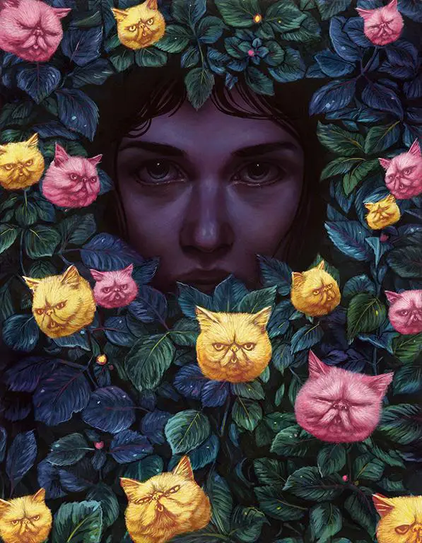 Casey Weldon, Gato Gardens, acrylic on wood, 14" x 18"