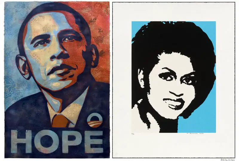 The Hope painting of Obama by Shepard Fairey and a portrait of Michelle by Mickalene Thomas