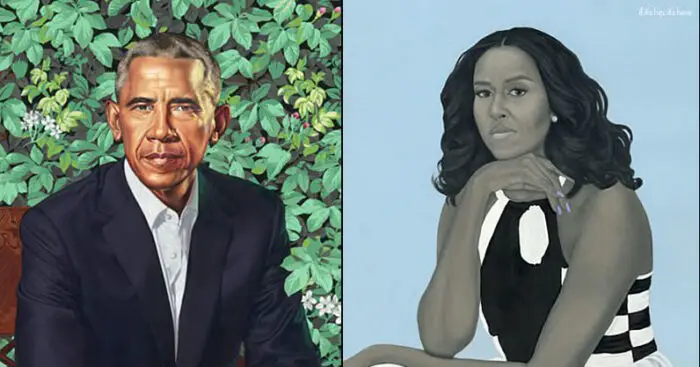 Kehinde Wiley portrait of Barack Obama and Amy Sherald's portrait of Michelle Obama