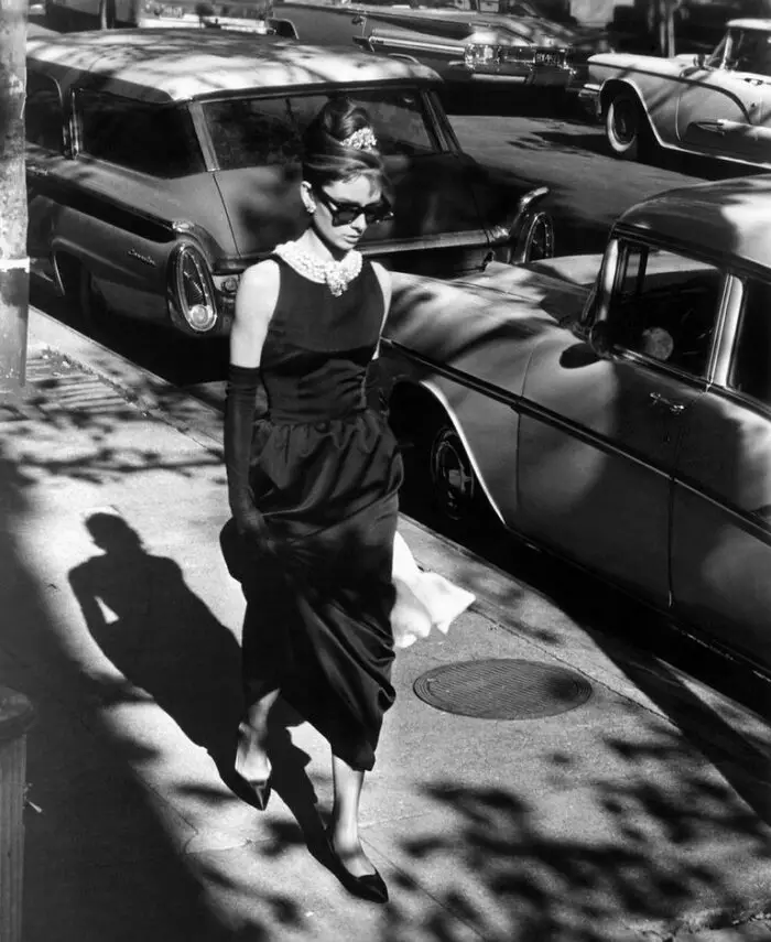 Hepburn wearing Givenchy's iconic LBD in Breakfast at Tiffany's, Getty images