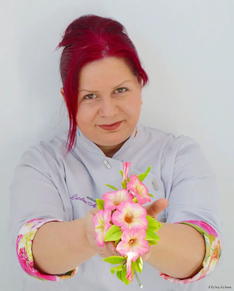 Artist Catalina Anghel with her sugar crafted petunias