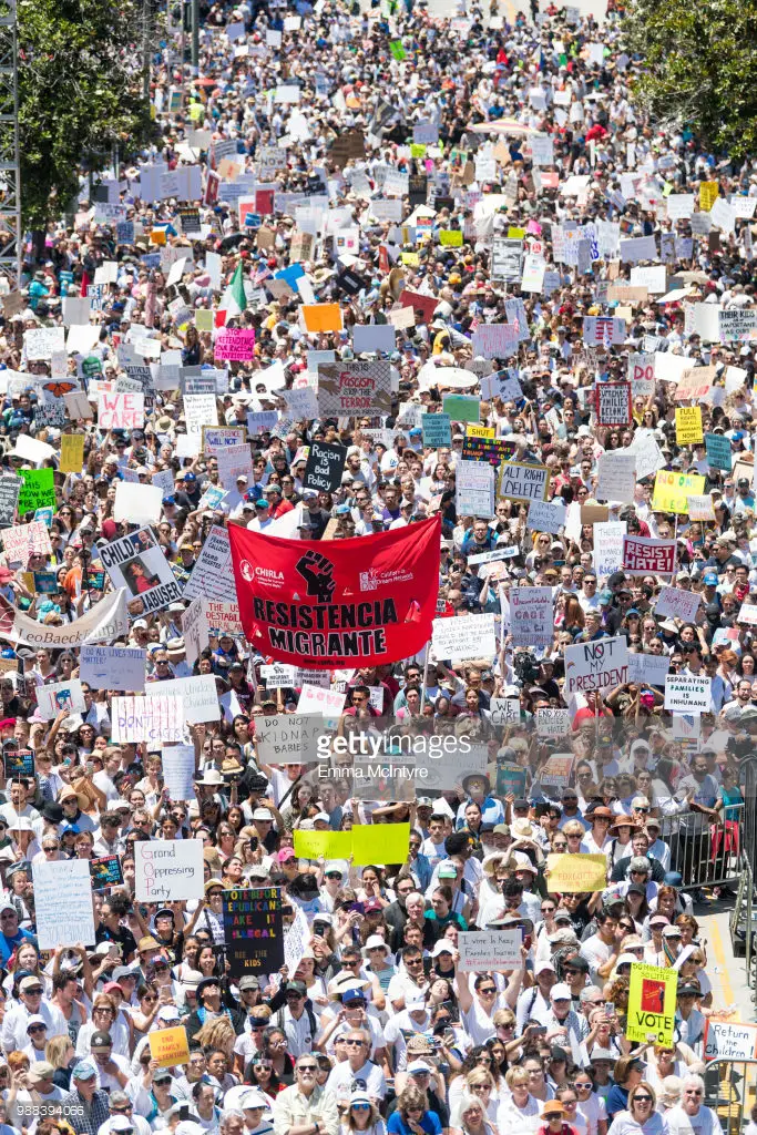  demonstrators at 'Families Belong Together - Freedom for Immigrants March Los Angeles' at Los Angeles City Hall on June 30, 2018 in Los Angeles, California