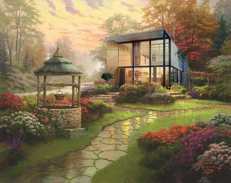Charles and Ray Eames' charming Case Study Cabin the Eighth inside a Thomas Kinkade painting (Courtesy @robyniko)