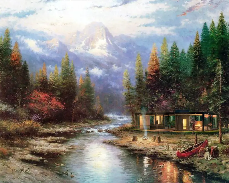 Philip Johnson's Glass House inside a Thomas Kinkade painting (Courtesy @robyniko)