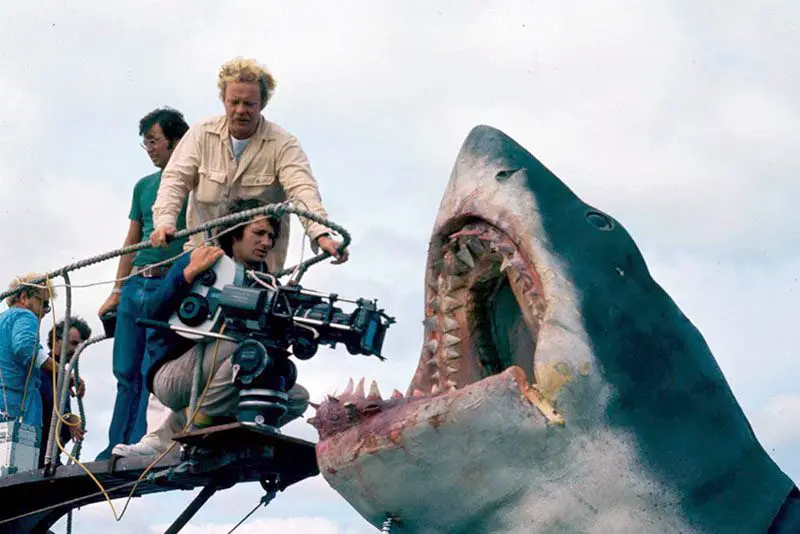 Steven Spielberg on the set of JAWS with Bruce the mechanical shark