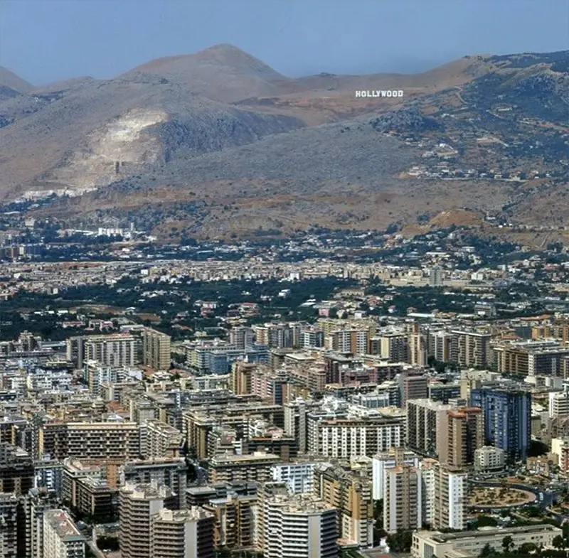 Maurizio Cattelan's installation seen on the hills of Palermo.