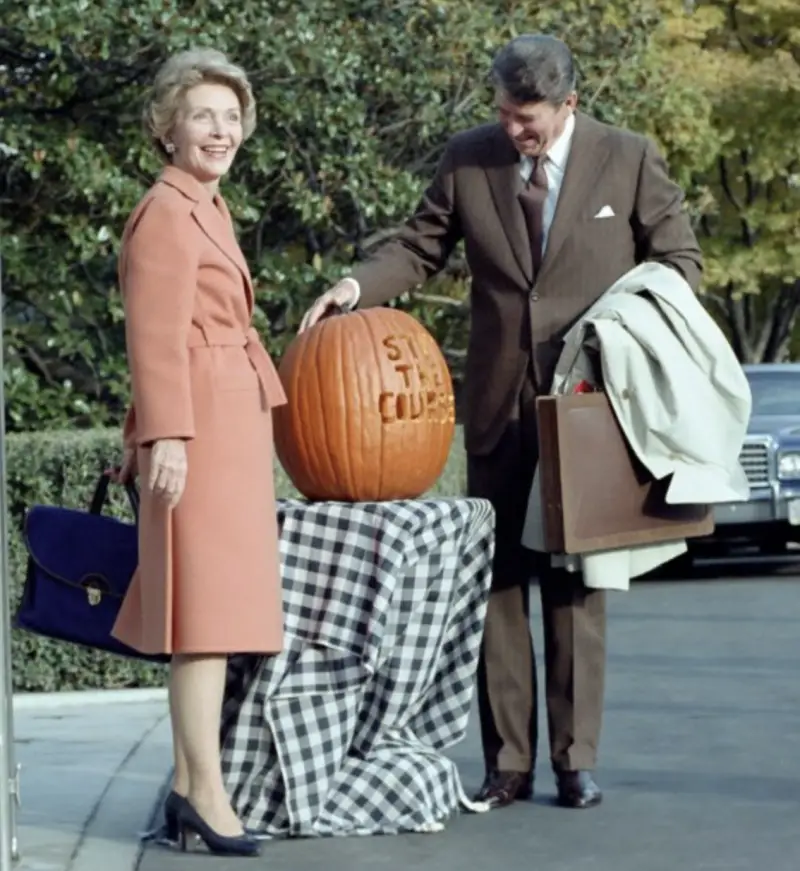 In 1982 President Ronald Reagan and First Lady Nancy Reagan returned to the White House from a trip to Camp David greeted by a Halloween pumpkin carved to read "Stay the Course."