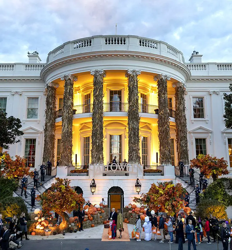 The South Portico of the White House is decorated in cornstalks, pumpkins and Autumn colors Sunday, Oct. 28, 2018 (Official White House Photo by Amy Rossetti)