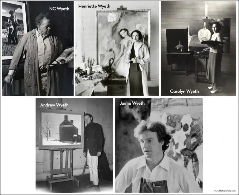 NC Wyeth, his daughters Henriette and Carolyn, son Andrew and grandson Jamie- all in their respective art studios.