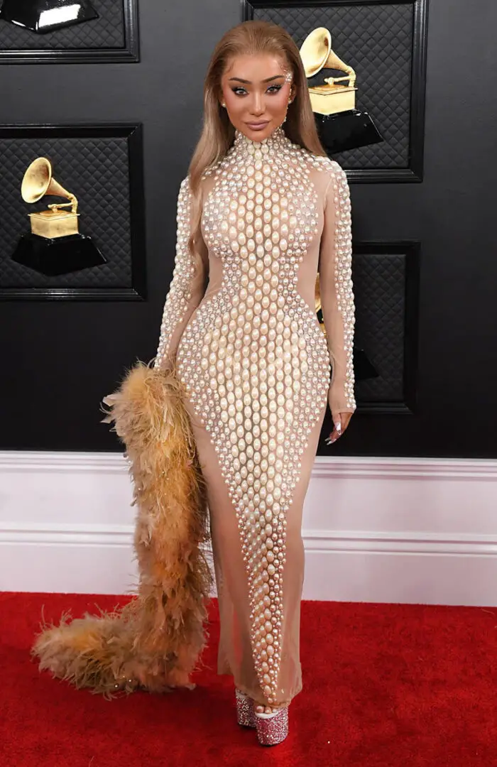 Nikita Dragun pearl mesh dress grammys