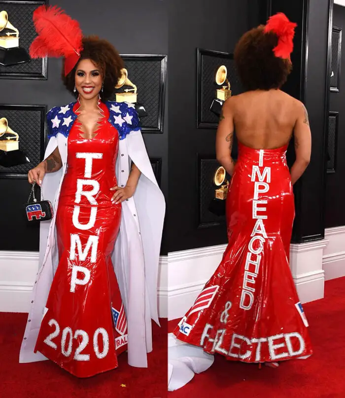 Joy Villa in impeach Trump Dress