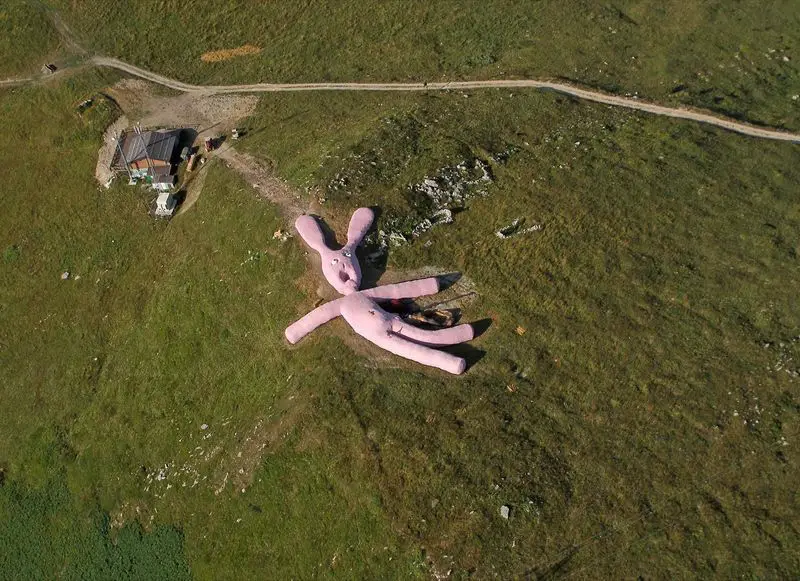 giant pink bunny in the alps