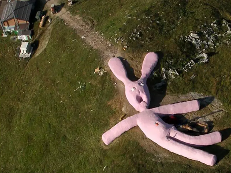 Giant knit pink bunny art installation