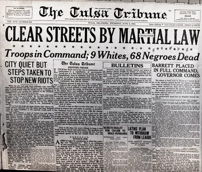 Front page of the Tulsa Tribune, June 2nd, declaring Martial Law