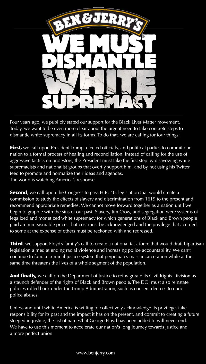 Ben and Jerry's call to dismantle White Supremacy