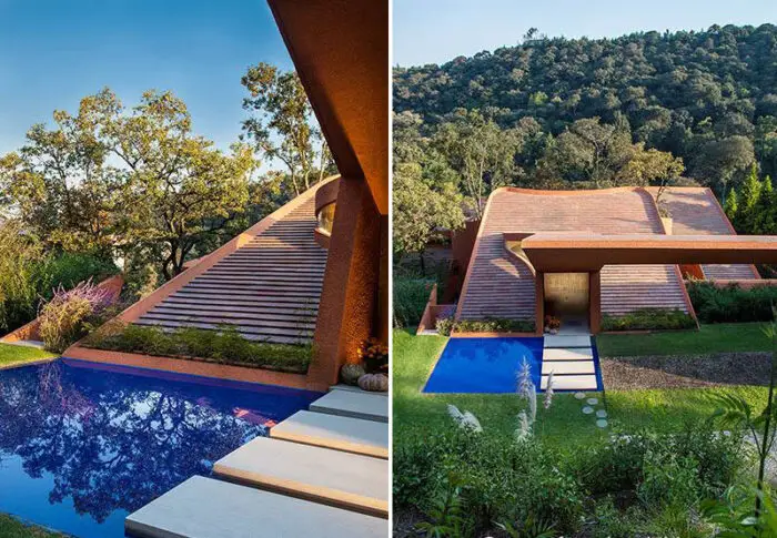 house between the trees reflecting pool at entry