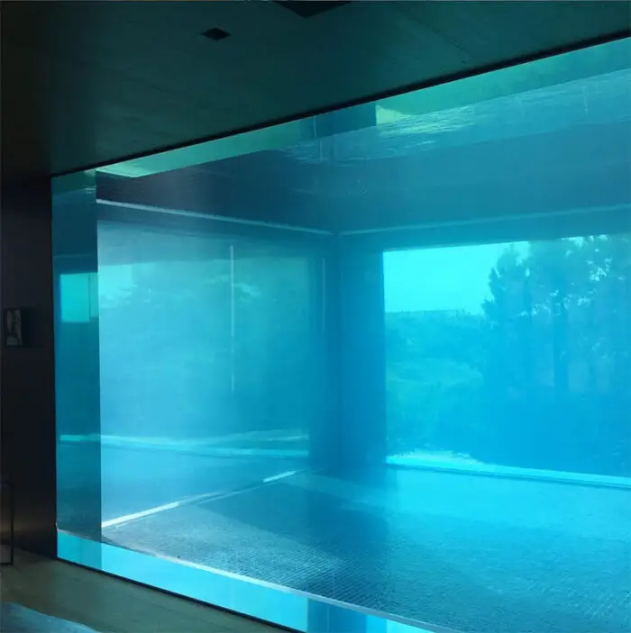 Liquidity House transparent pool windows seen from the interior