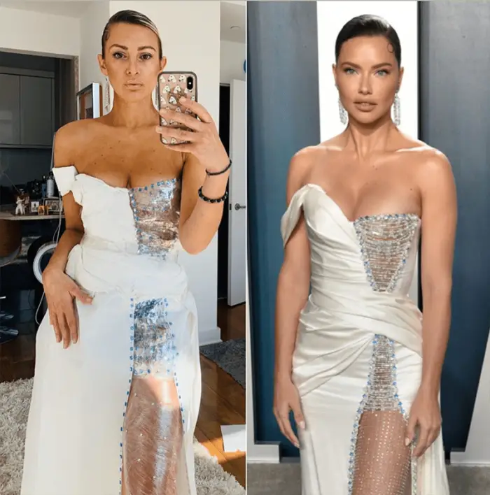 Adriana Lima dress made with paper and saran wrap