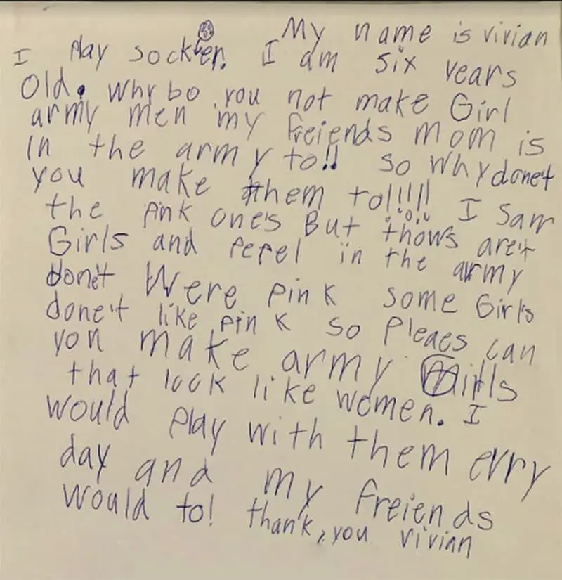 letter from little girl who wants female toy soldiers