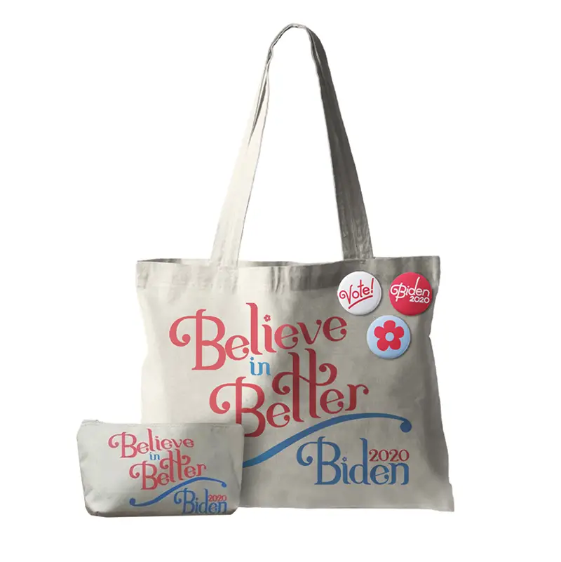believe in better tote bag and buttons