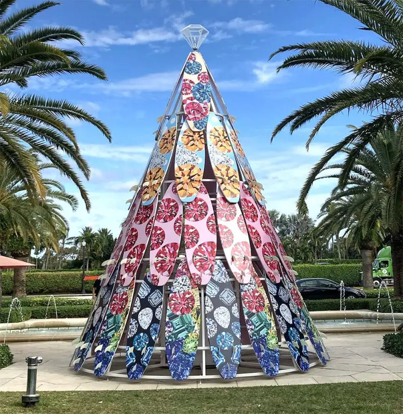 Ashley Longshore Christmas tree made out of 52 surfboard tree for Royal Poinciana