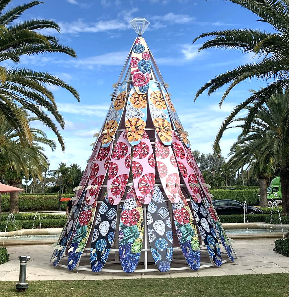 Ashley Longshore Christmas tree made out of 52 surfboard tree for Royal