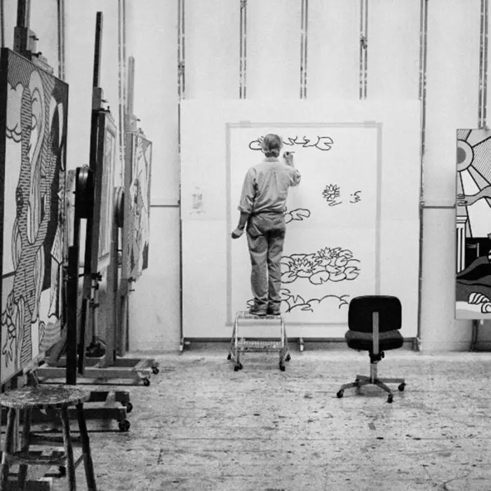 Lichtenstein, in his studio painting water lilies, 1992