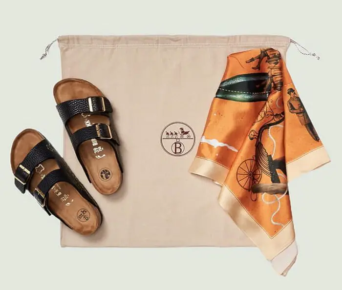 birkinstocks dustbag and hermes scarf