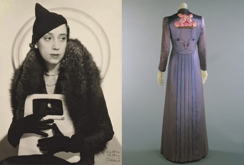 May Ray photo of Elsa Schiaparelli 1931; right: Schiaparelli gown collaboration with Jean Cocteau, 1937