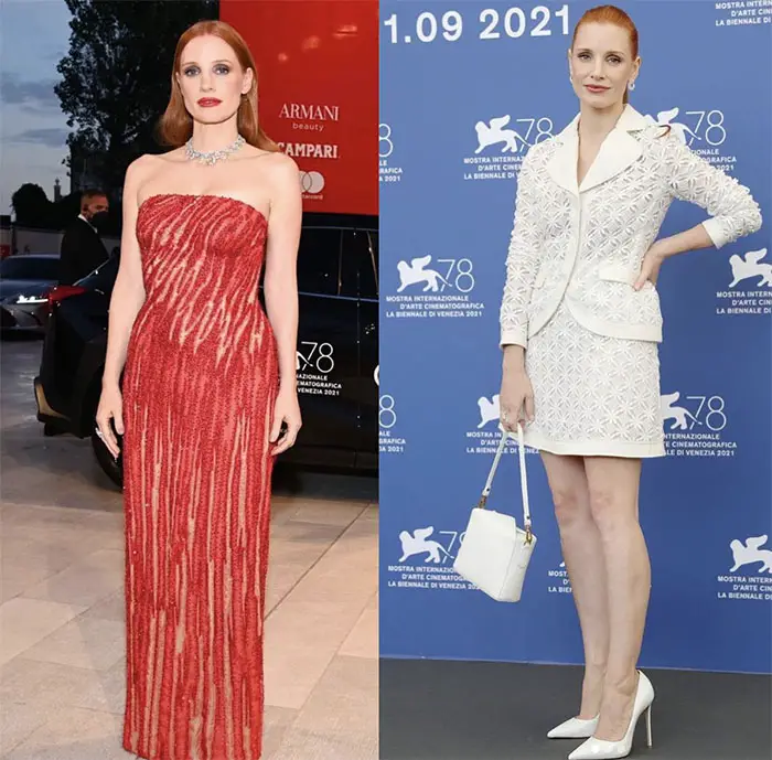 Jessica Chastain, night and day, in Versace and Giambattista Valli, respectively