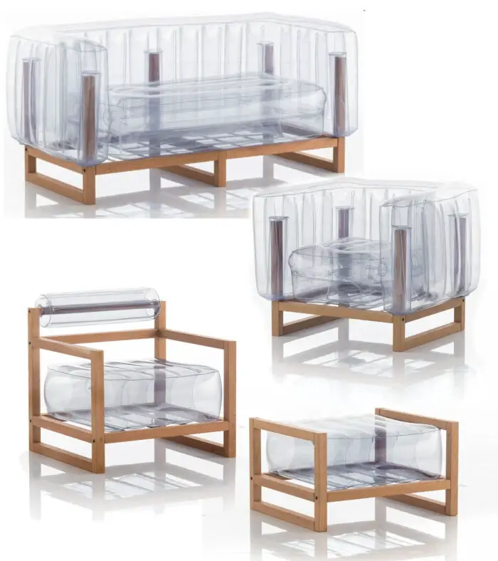 clear inflatable furniture with wood frames