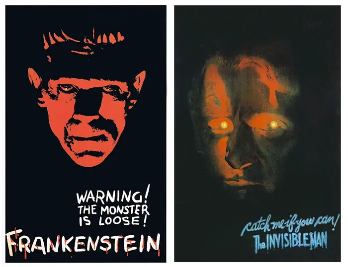 The teaser posters from Universal Studios for 1931 Frankenstein and 1933 Invisible Man