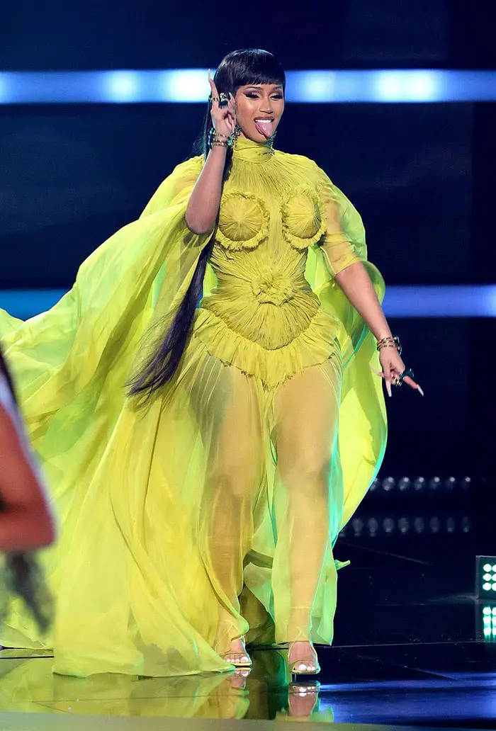 cardi B 2021 AMAs chartreuse sheer jean paul gaultier gown